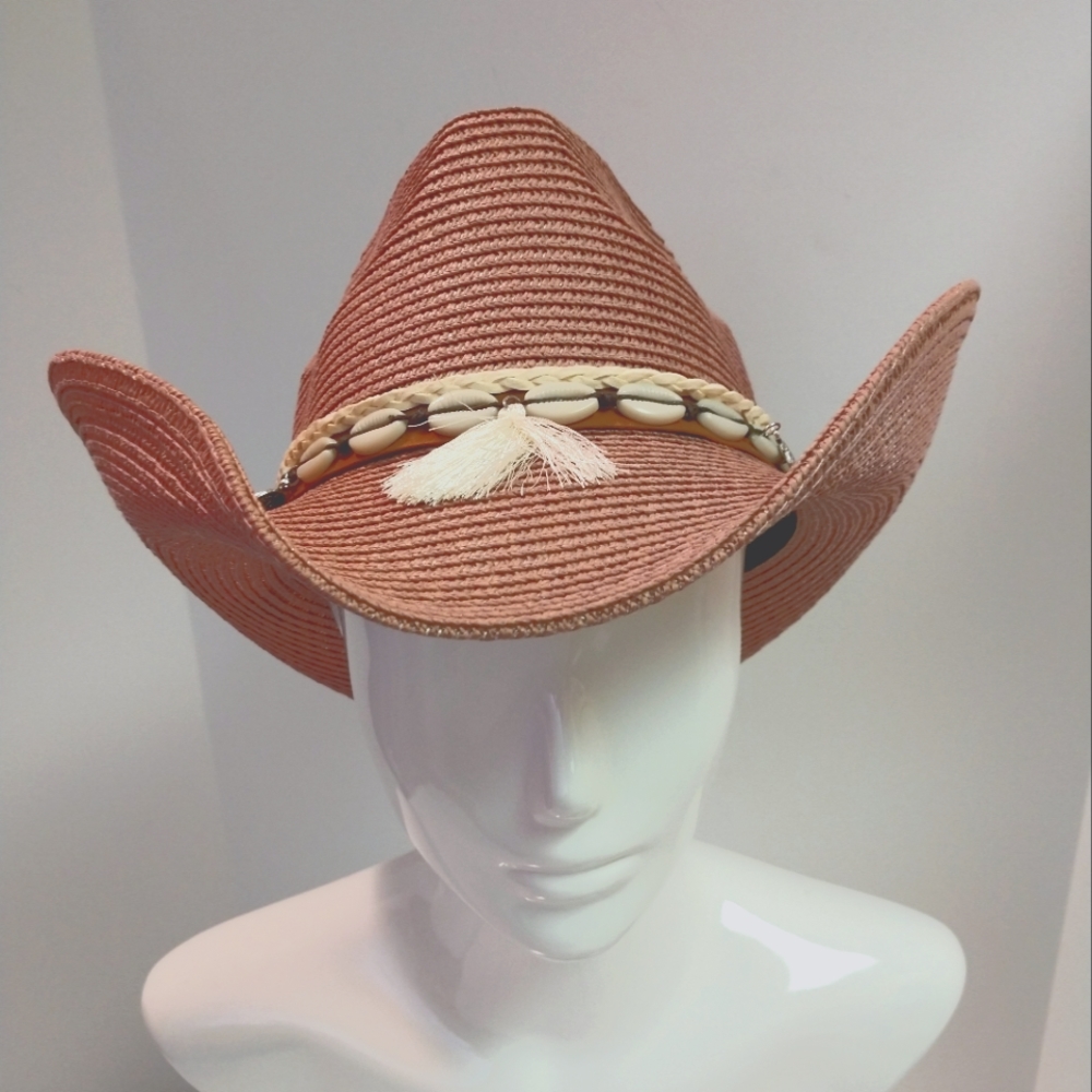Unisex Woven Western Straw Beach Sun Hat Cowrie Cowry Shells Tassels Folds Mauve - Picture 3 of 9